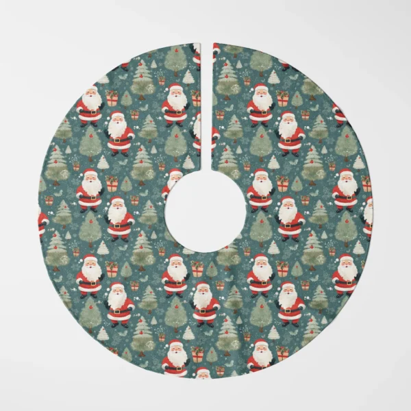 Slate vintage Santa tree skirt laid flat, top view on white, waving Santas and firs on slate teal