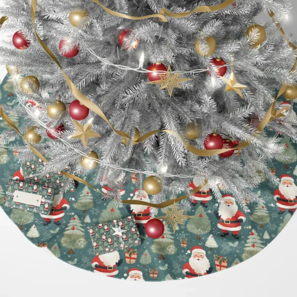 Slate Santa tree skirt under a lit Christmas tree with wrapped gifts around it