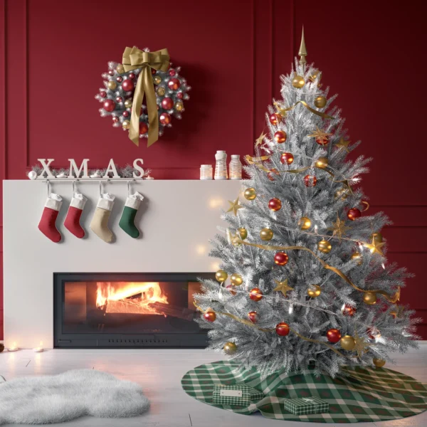 Tree on the snowflake gingham skirt in a living room with red paneled walls