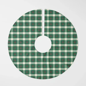 Snowflake gingham tree skirt viewed flat from the top, red flakes on a green and sage check