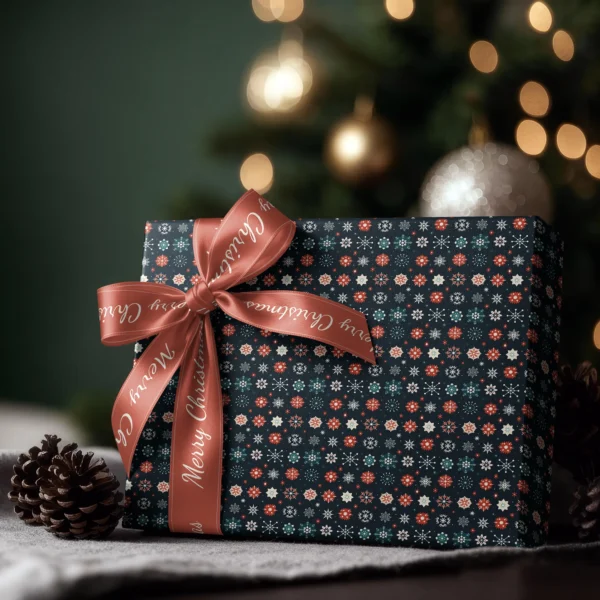 Box wrapped in navy snowflake paper with a satin ribbon bow, Christmas tree lights behind