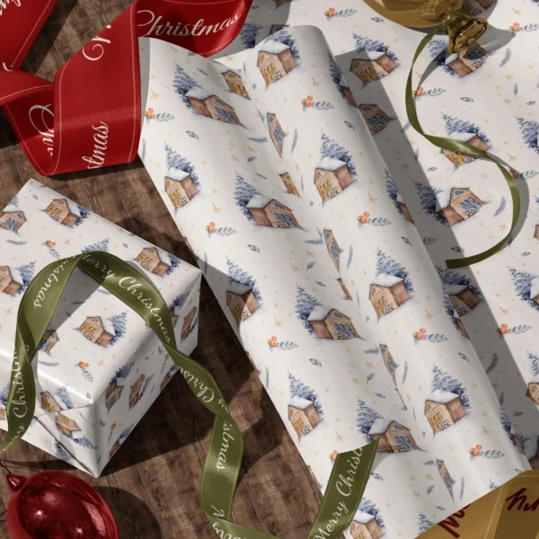 A sheet of cream snowy cabin gift wrap and a wrapped box with red and green satin ribbons on a wooden floor