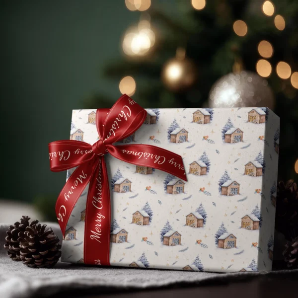 Box wrapped in cream snowy cabin paper with a red satin bow, Christmas tree lights behind