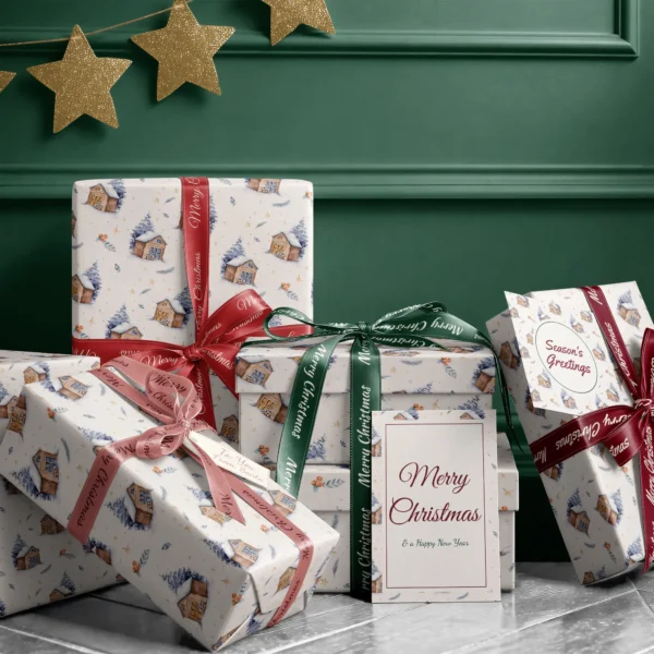 Stack of presents in cream snowy cabin paper with ribbons and a Merry Christmas card by a dark green wall