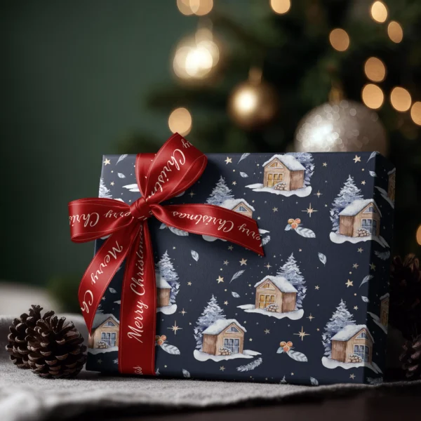 Box wrapped in navy night cabin paper with a red satin bow, Christmas tree lights behind