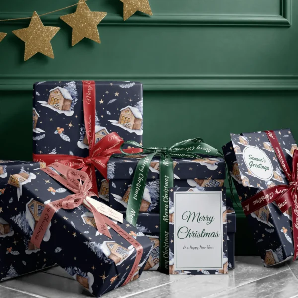 Stack of presents in navy night cabin paper with ribbons and a Merry Christmas card by a dark green wall