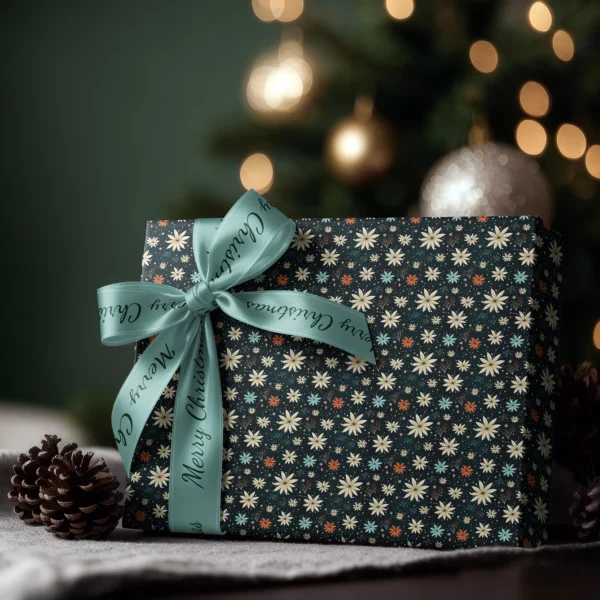 Box wrapped in midnight starflower paper with a satin ribbon bow, Christmas tree lights behind