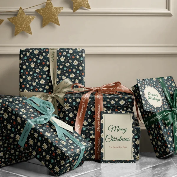 Stack of presents in midnight starflower paper with ribbons and a Merry Christmas card by a beige wall