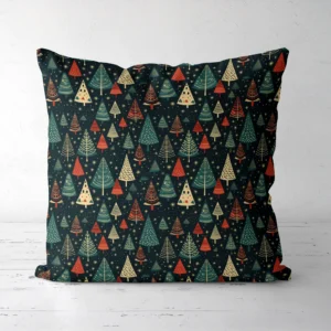 Front of the starry navy tree pillow resting on a white floor