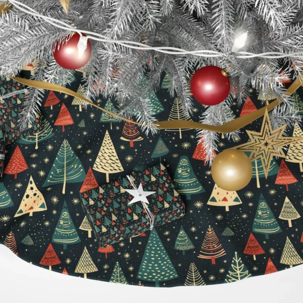 Macro of striped teal and zigzag red trees with small stars on navy