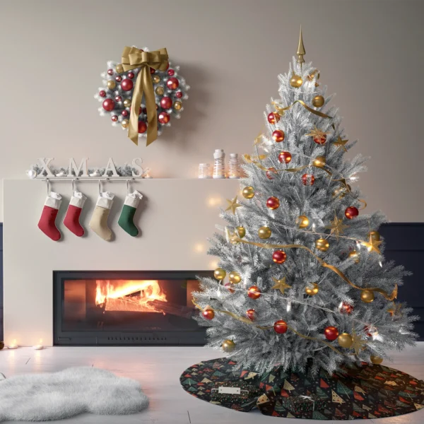 Starry navy skirt with a tree in a lounge with cream plaster walls