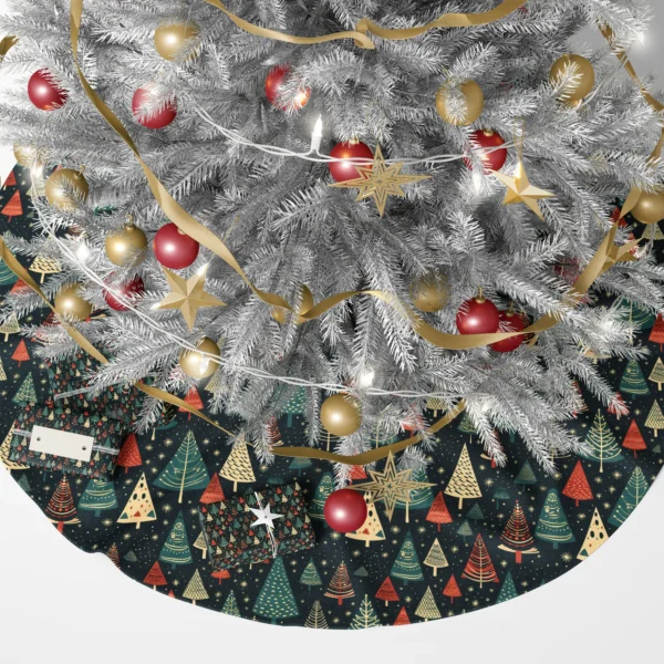 Navy retro tree skirt under glowing branches with gift boxes