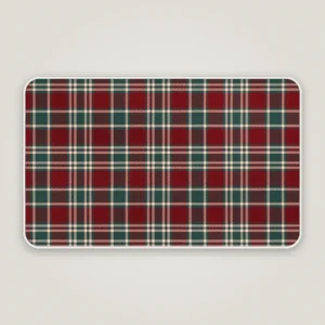 Burgundy and green tartan Christmas bath mat with rounded corners and a bound edge, seen from above