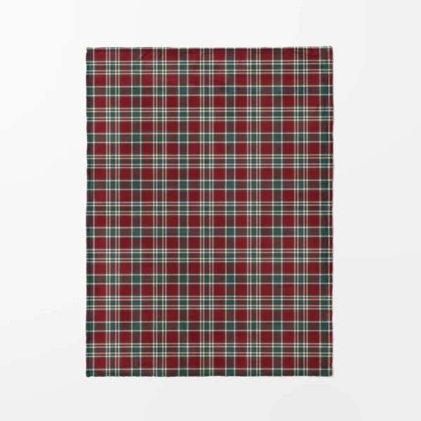 Burgundy and green tartan plush blanket laid flat on white, top view