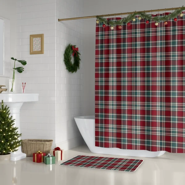 Burgundy and green tartan shower curtain hanging beside a white tub in a bathroom decorated for Christmas