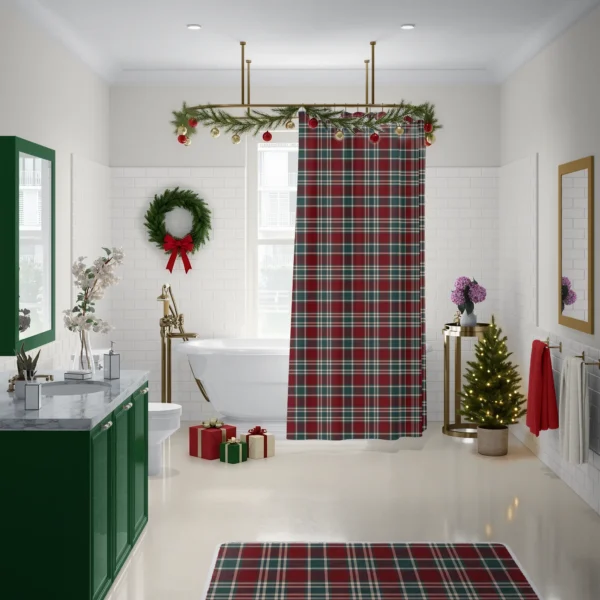 Burgundy plaid shower curtain on a ceiling rail by a freestanding tub, with a matching tartan bath mat