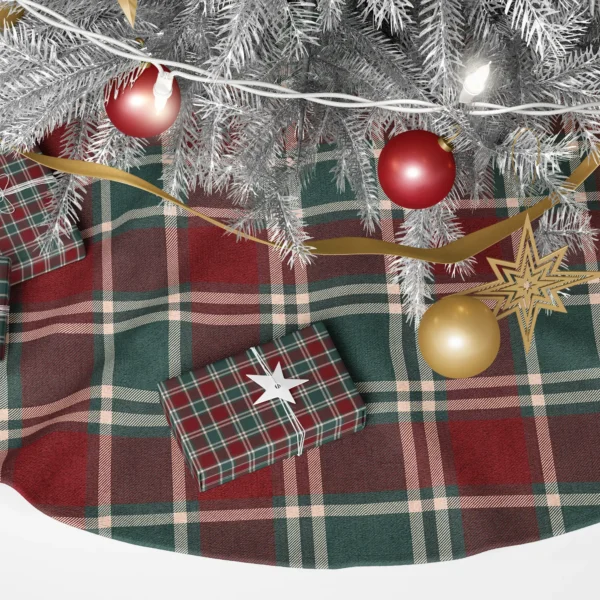 Close-up of the tartan print: wine and pine-green blocks crossed by cream and blush lines