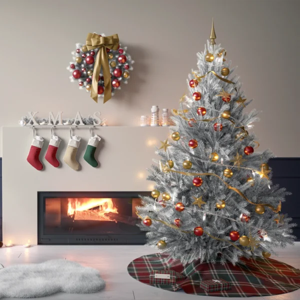 Tree on the burgundy tartan skirt in a living room with cream plaster walls