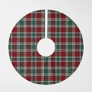 Burgundy and green tartan tree skirt laid flat, top view on a white background