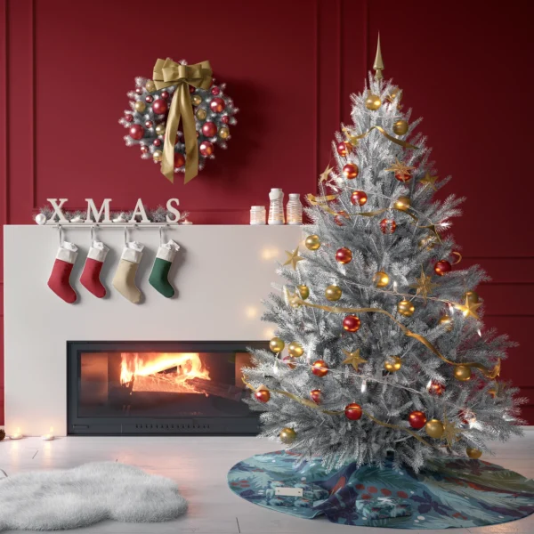 Tree on the teal bullfinch skirt in a living room with red paneled walls