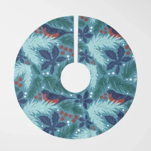 Teal bullfinch tree skirt laid flat, top view on white, songbirds among pale blue pine