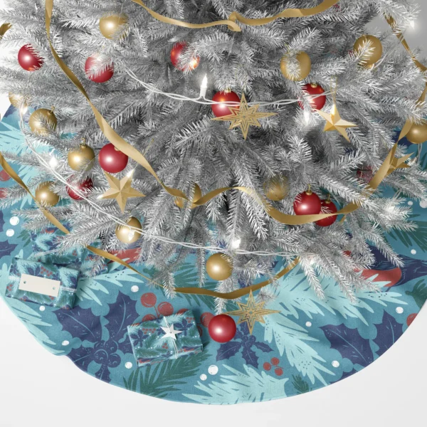 Bullfinch Christmas tree skirt under a lit tree with wrapped gifts