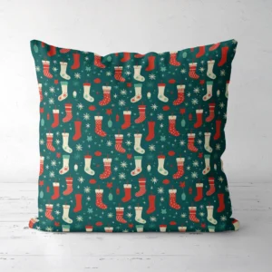 Teal Christmas stocking pillow, front side, on a white floor