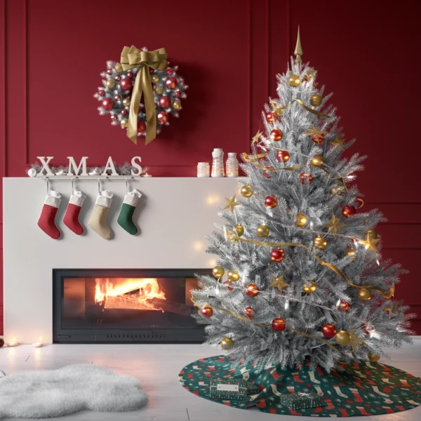 Living space with red paneled walls; tree stands on the teal stocking skirt