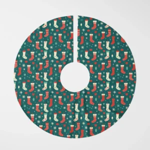 Teal Christmas stocking tree skirt, laid flat and shot from above on white