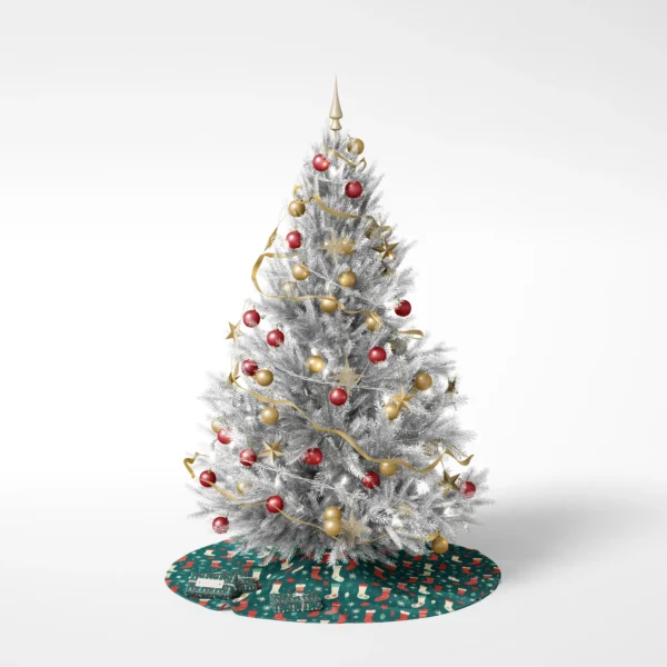 Teal stocking skirt under a dressed tree, white background