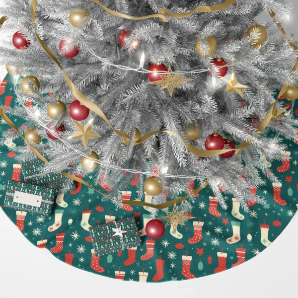 Teal stocking skirt under a lit tree with presents around the trunk