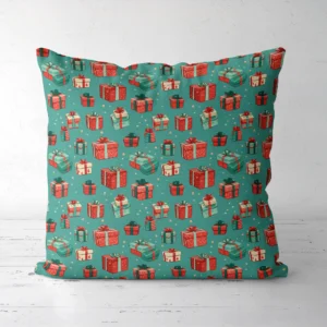 Teal gift box pillow upright on a white floor, front side