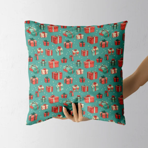 Hand gripping the teal presents throw pillow