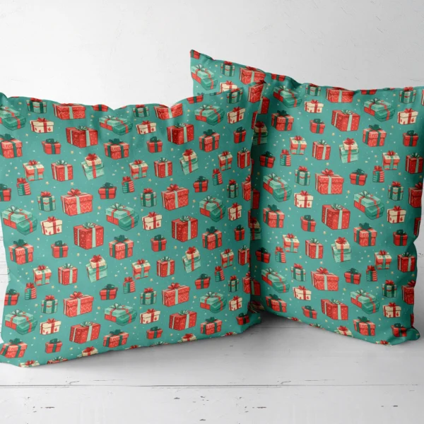 Two teal gift box Christmas pillows shown together