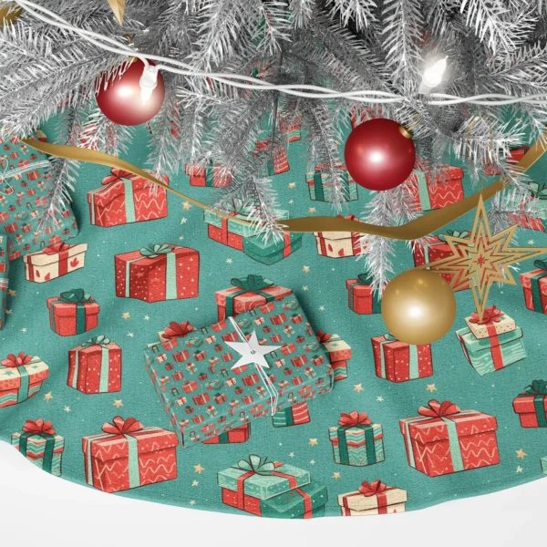 Detail of coral and mint drawn presents with green and red bows on teal