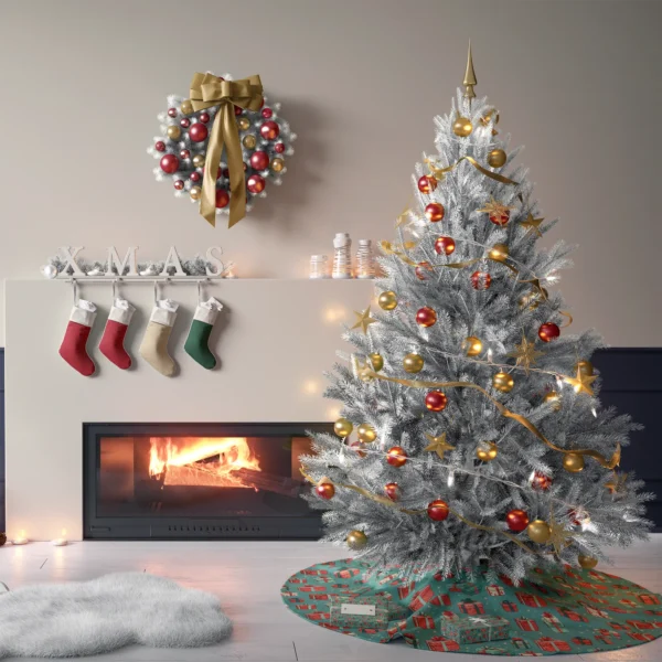 Teal gift box skirt below a tree against cream plaster living room walls