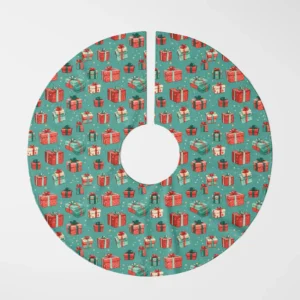 Teal gift box tree skirt spread out flat, top-down on white