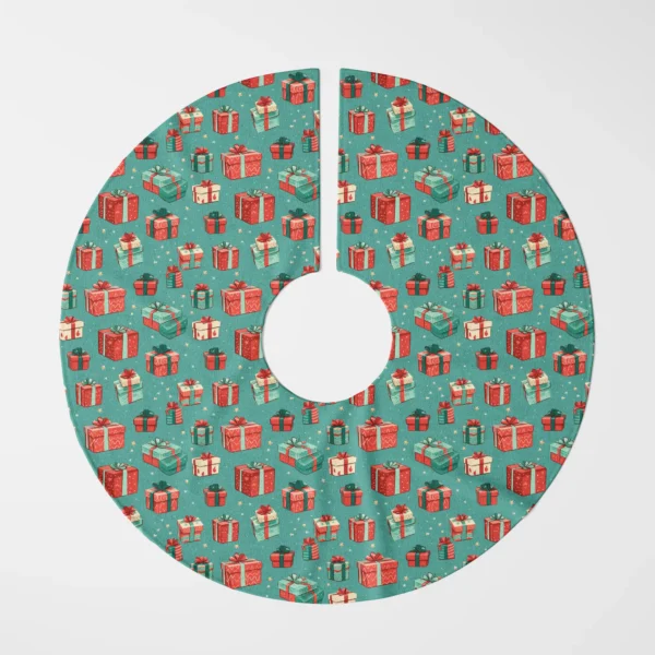 Teal gift box tree skirt spread out flat, top-down on white