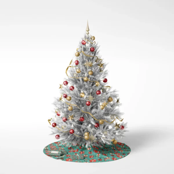 Decorated tree standing on the teal presents skirt, white studio background