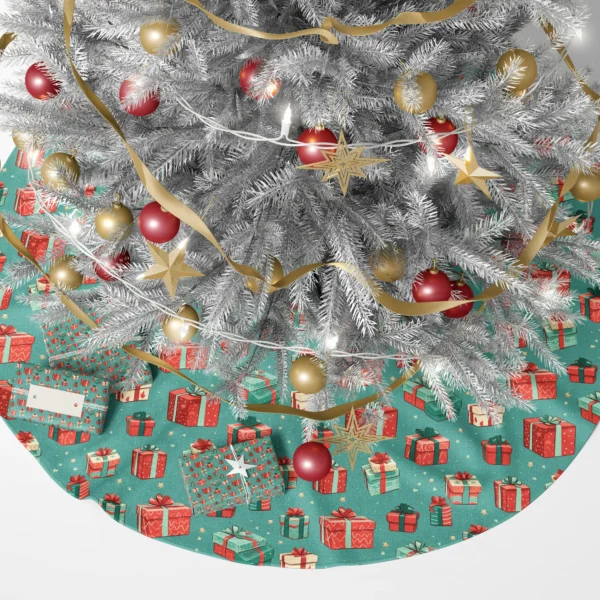 Teal tree skirt with printed gifts under a lit tree and real wrapped boxes