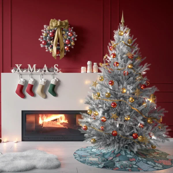 Tree on the teal mitten skirt in a living room with red paneled walls