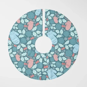 Teal mitten tree skirt flat from above on white, pink and blue knit mittens with holly