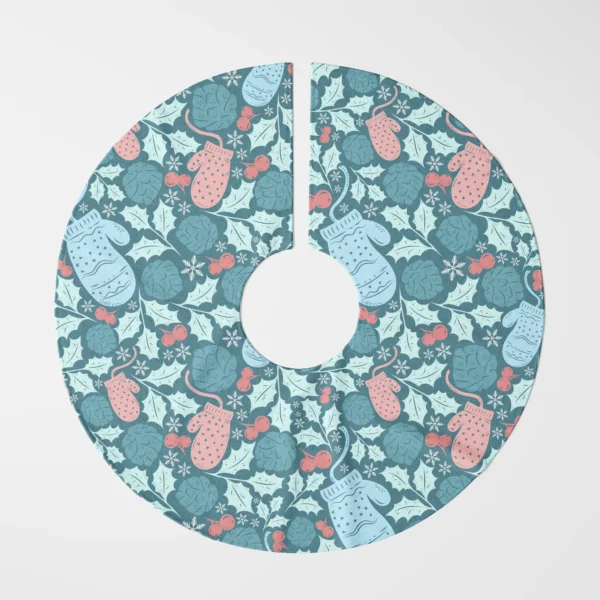 Teal mitten tree skirt flat from above on white, pink and blue knit mittens with holly