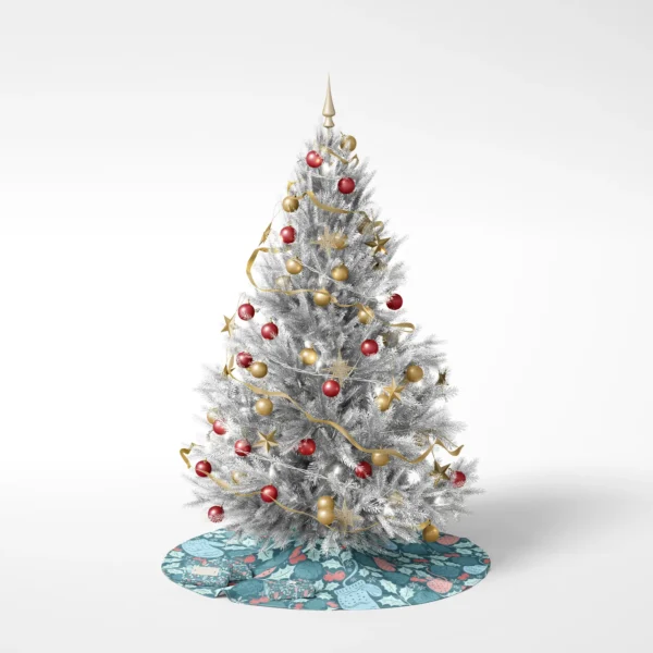 White-background photo of a trimmed tree set on the teal mitten skirt