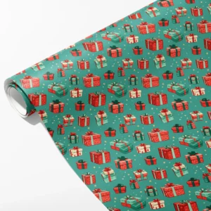 Roll of teal wrapping paper with drawn-look red, mint and cream gift boxes with bows, partly unrolled on white