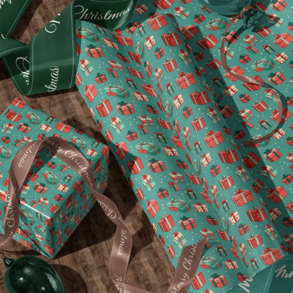 A sheet of teal gift box gift wrap and a wrapped box with satin ribbons on a wooden floor