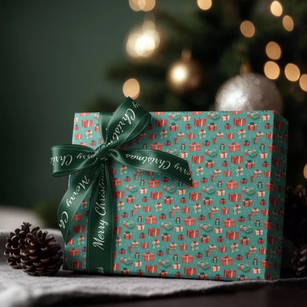 Box wrapped in teal gift box paper with a satin ribbon bow, Christmas tree lights behind