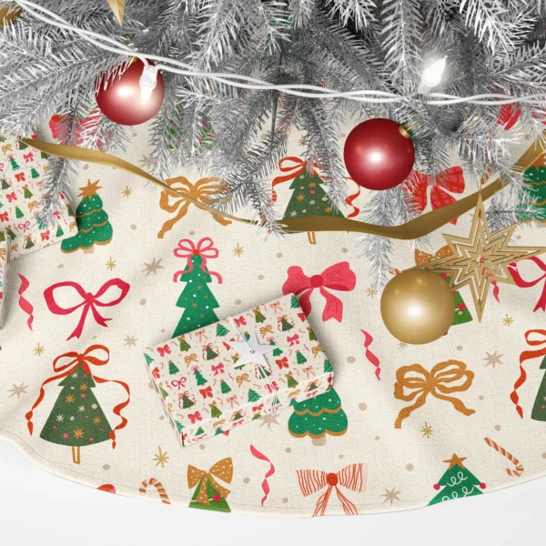 Close-up of little decorated firs, red checked and mustard bows and candy canes