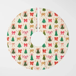 Tree and bow print skirt laid flat, seen from above on white