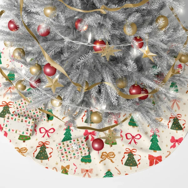 Tree and bow print skirt below a lit Christmas tree with gifts piled around